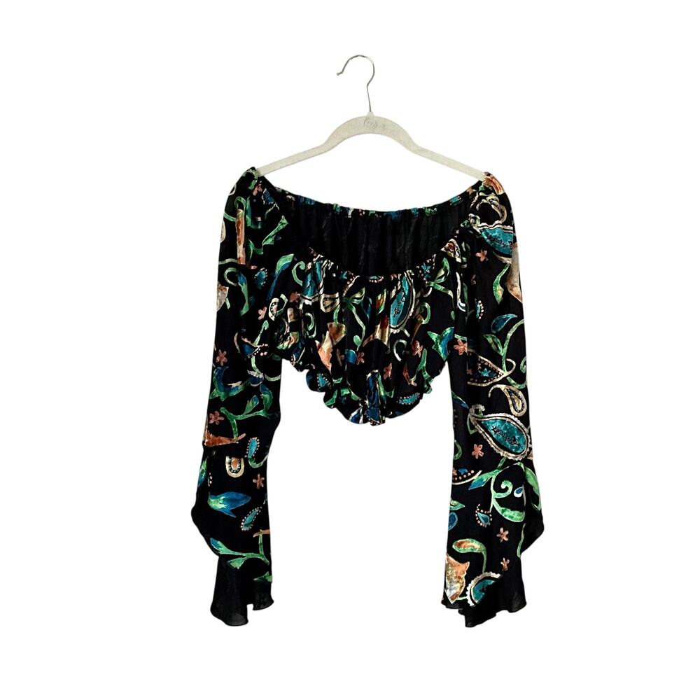 Multicolor Floral Paisley Velvet Crop Top: 90s, Y2K, Modern